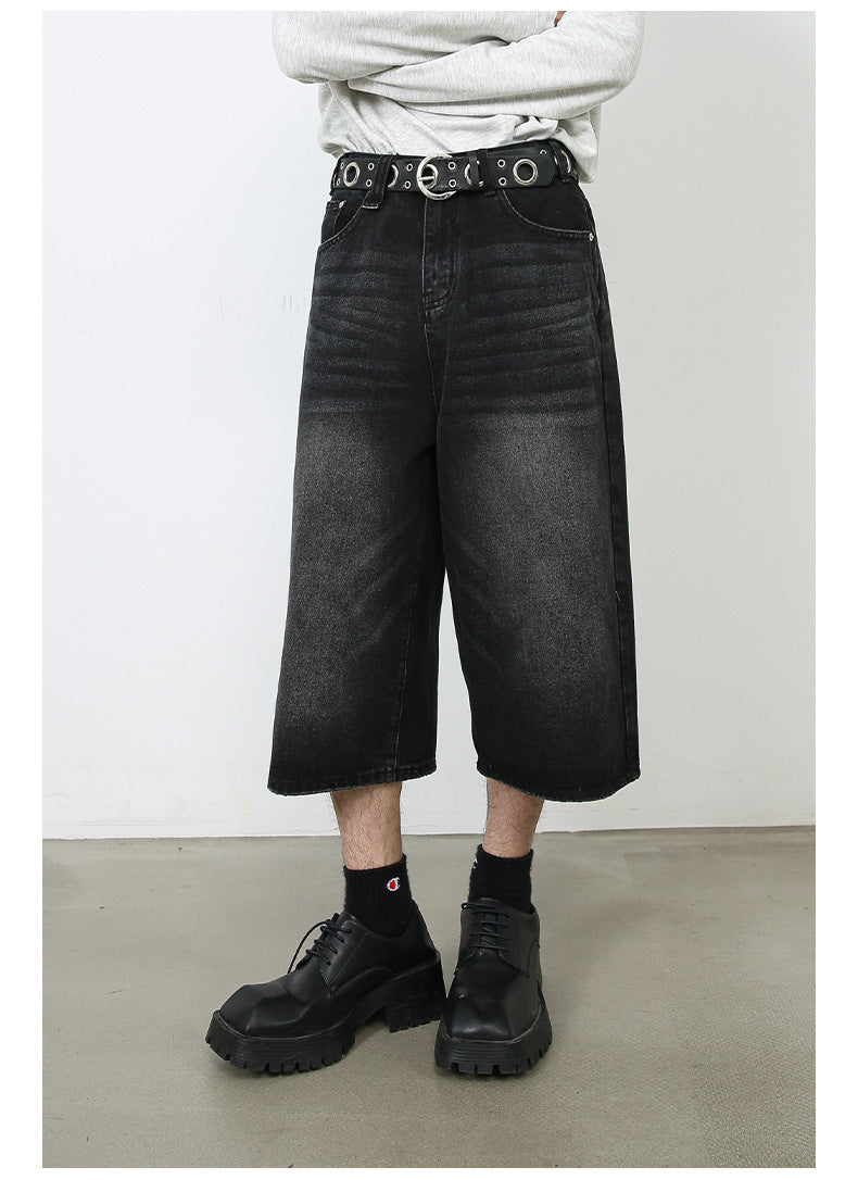 American Black Gray Loose Trousers Loose Denim Cropped Pants - Nyaabs