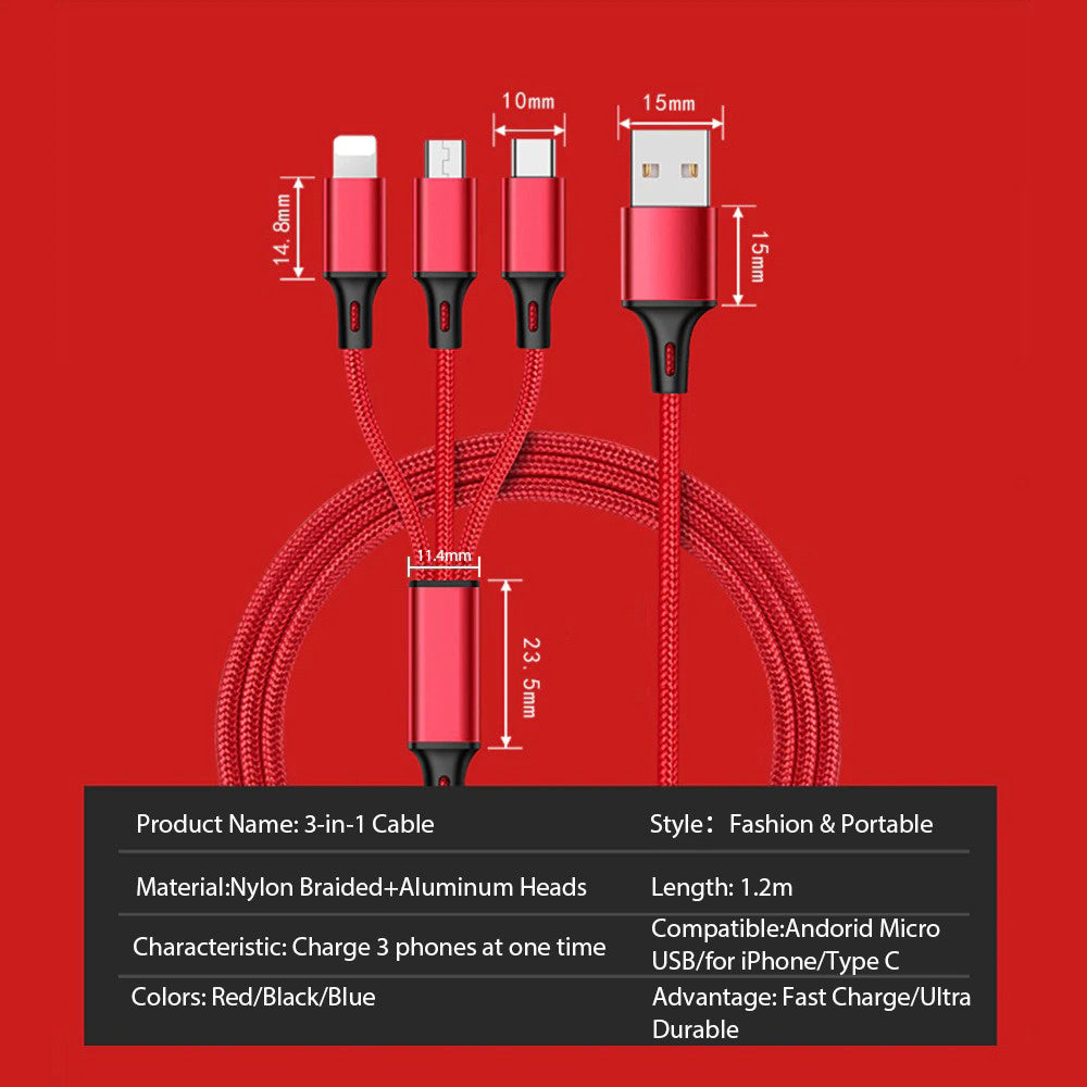 3 In 1 USB Cable For 'IPhone XS Max XR X 8 7 Charging Charger Micro USB Cable For Android USB TypeC Mobile Phone Cables - Nyaabs