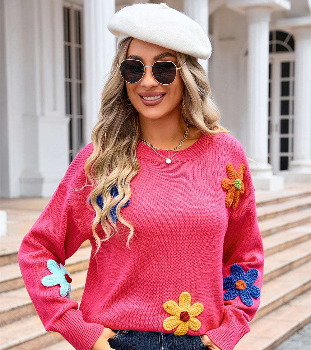 Women's Flower Sweater Plus Size Loose Round Neck nyaabs.com