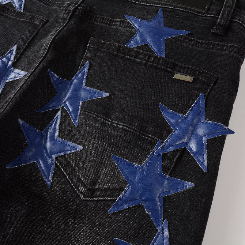 High Street Leather Dark Blue Star Trendy High Craft Stretch Slim Jeans - Nyaabs