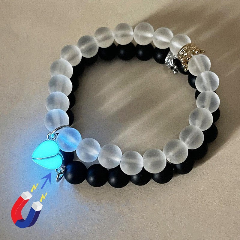 Fashion Jewelry 2pcs Handmade Crown Beaded Charms Bracelet Luminou Heart Glow In The Dark Couple Bracelet For Lover Men Women Fluorescent Gift - Nyaabs