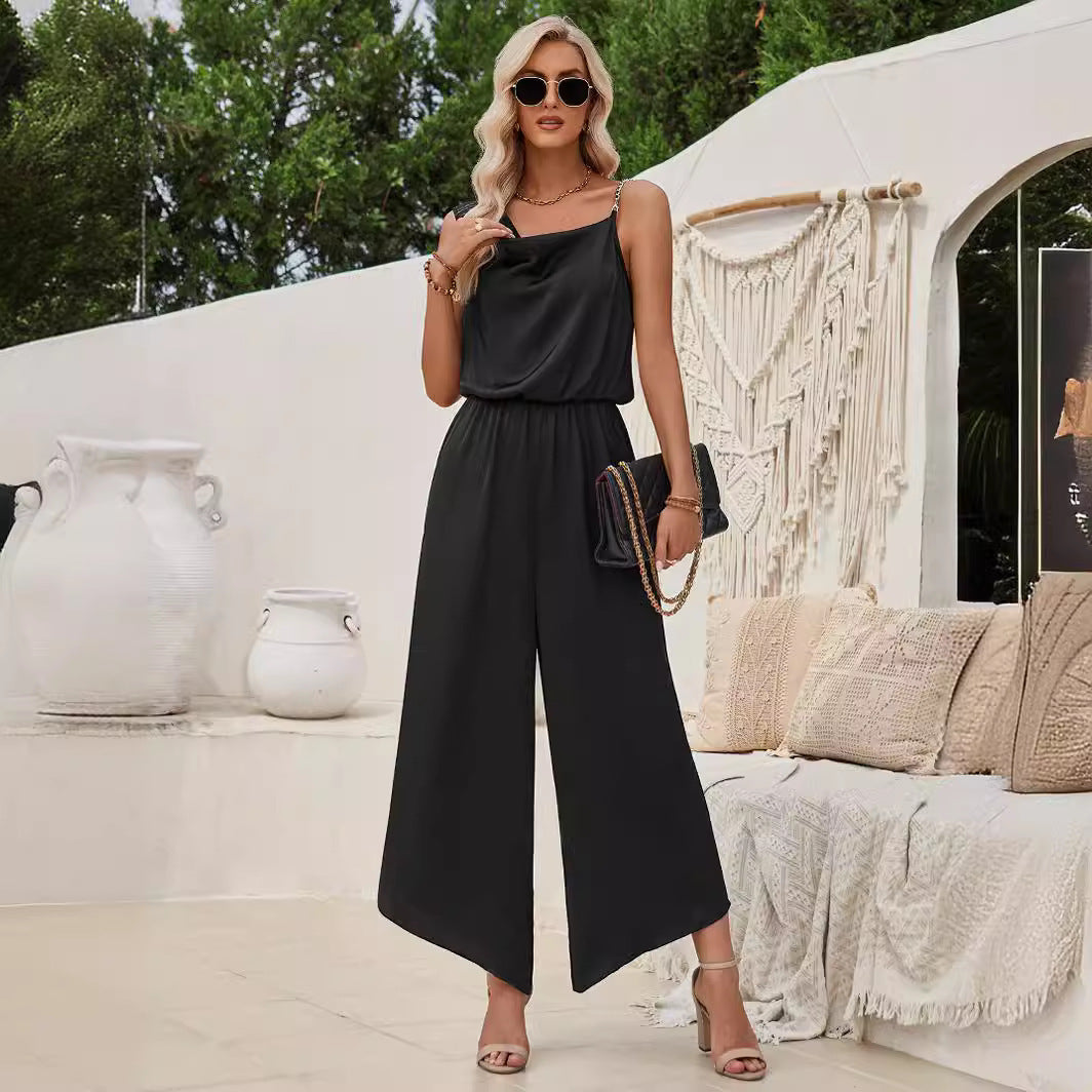 Fashion Casual Solid Color Suspender Waist Wide Leg Jumpsuit nyaabs.com