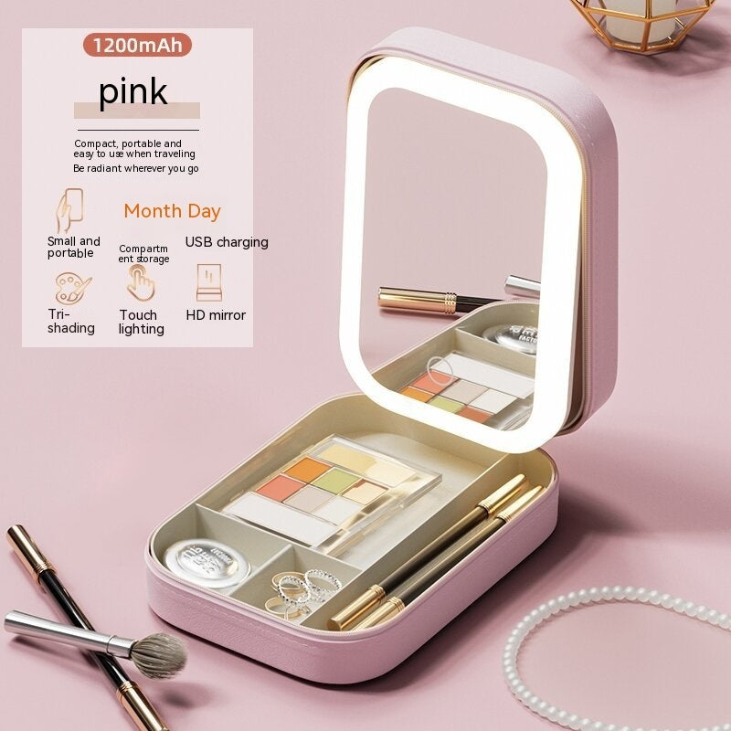 Makeup Storage Box With LED Light Mirror Portable Travel Makeup Cosmetics Storage Box Touch Light Storage Organizer - Nyaabs