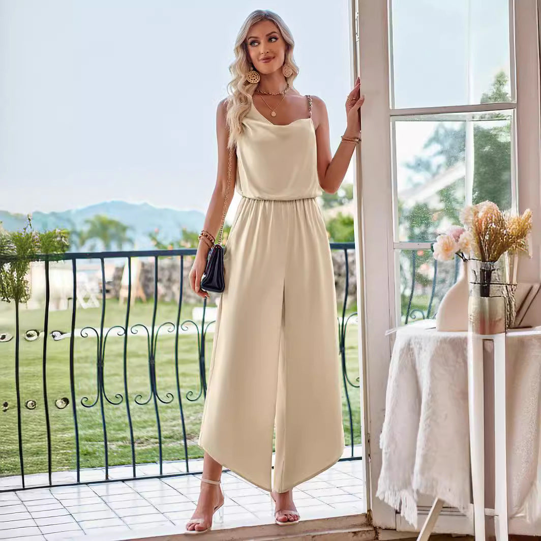 Fashion Casual Solid Color Suspender Waist Wide Leg Jumpsuit nyaabs.com