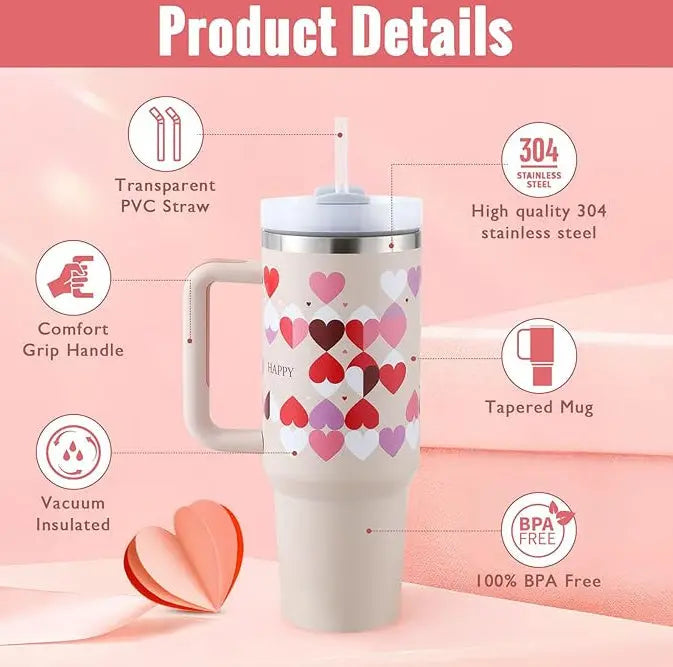 40 Oz Tumbler With Handle Straw Insulated, Stainless Steel Spill Proof Vacuum Coffee Cup Tumbler With Lid Tapered Mug Gifts For Valentine Lover Suitable For Car Gym Office Travel - Nyaabs