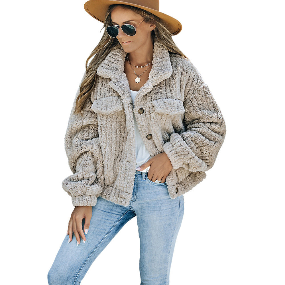 Winter New Khaki Plush Wool Fashion Thick Warm Long Sleeves Coat For Women - Nyaabs