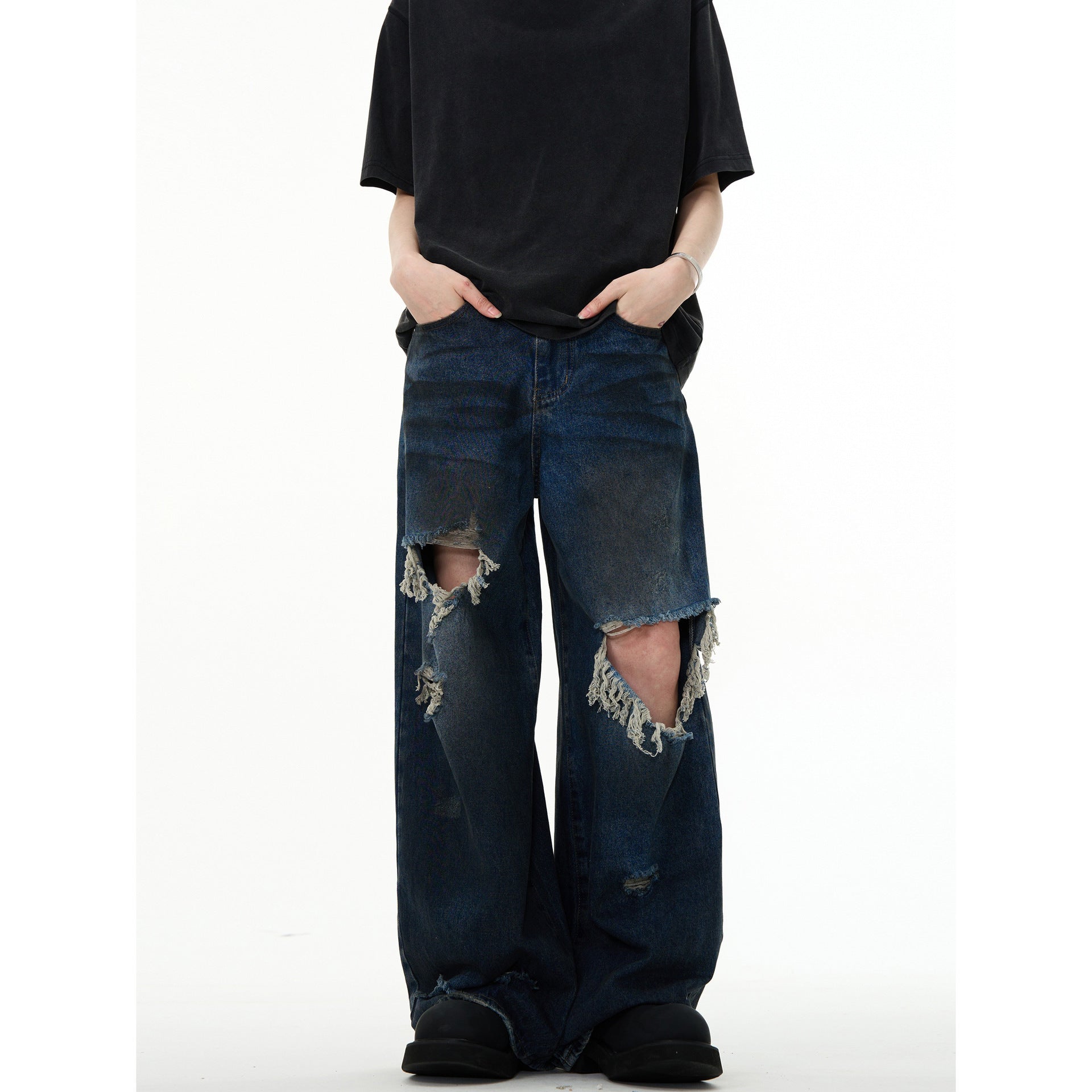 American Retro Make Old Ripped Design Mopping Jeans - Nyaabs