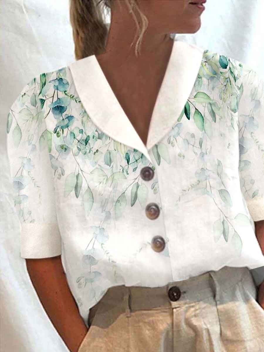 Women's Stand Collar Button Casual Half-sleeve Cotton And Linen Printed Short-sleeved Shirt - Nyaabs