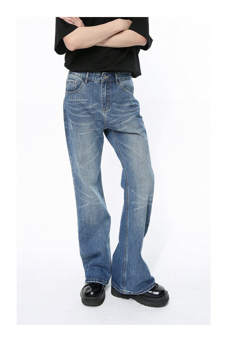 Retro Slimming Water Ripple Slightly Flared Washed Jeans - Nyaabs