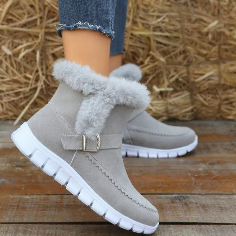 New Snow Boots Winter Warm Thickened Solid Color Plush Ankle Boots With Buckle Design Plus Velvet Flat Shoes For Women - Nyaabs