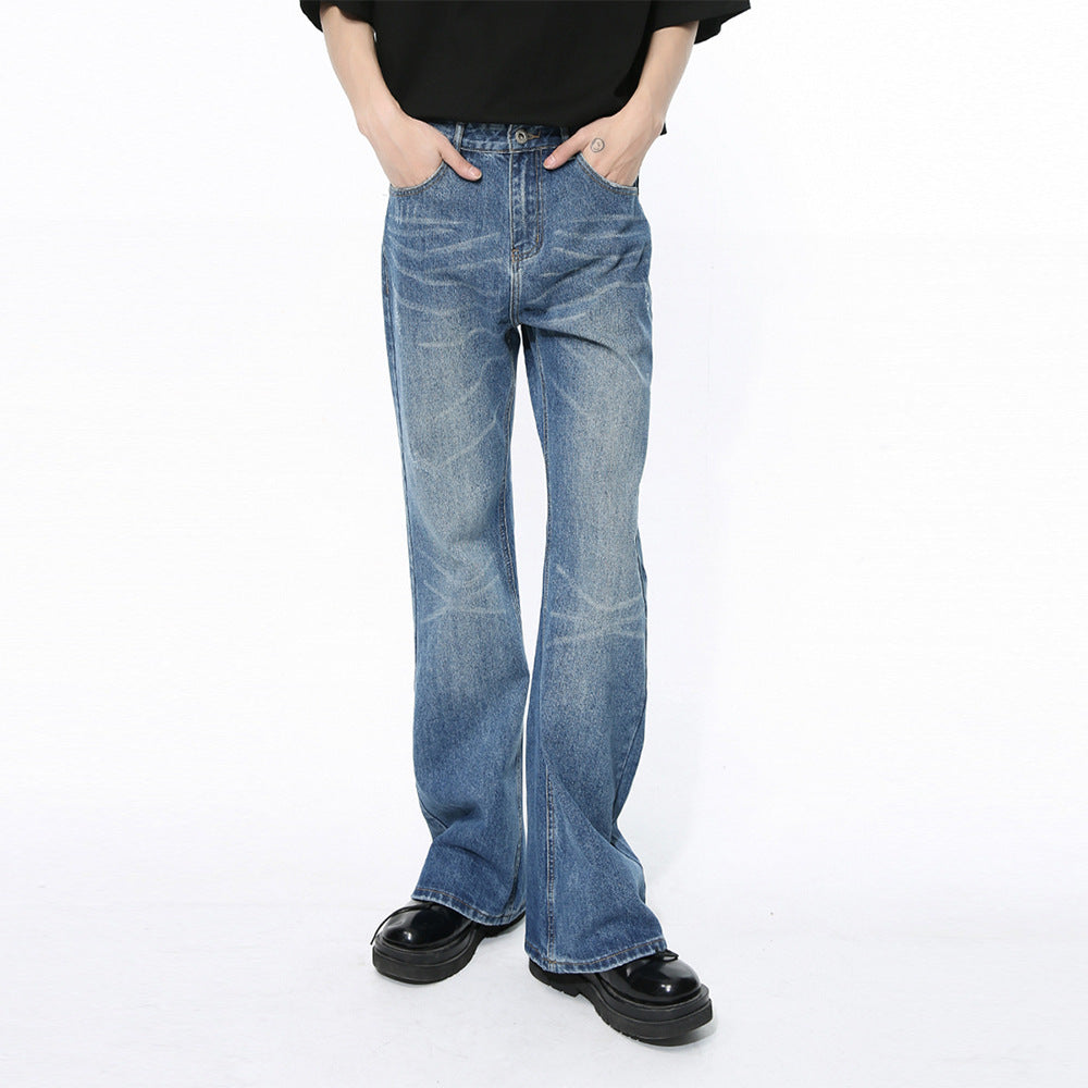 Retro Slimming Water Ripple Slightly Flared Washed Jeans - Nyaabs