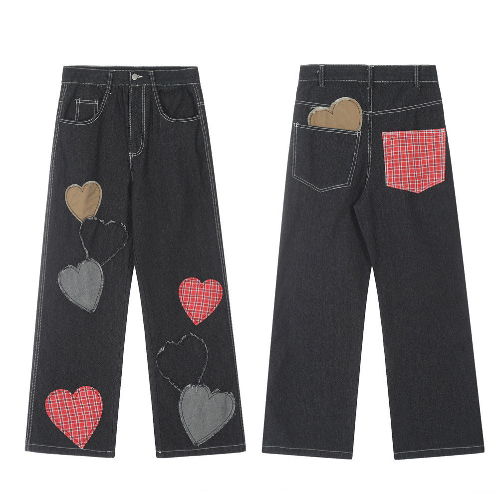 Contrast Color Love Patch Denim Straight-leg Trousers Men - Nyaabs