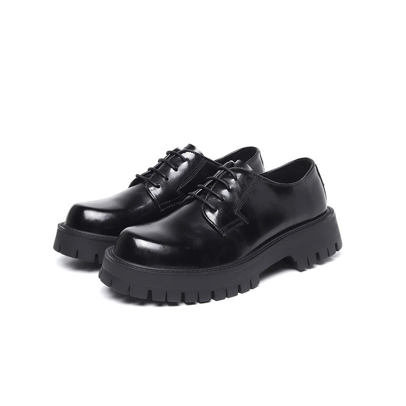 Black Leather Shoes Thick Bottom Elevator Wild Chunky Heel Lace-up nyaabs.com