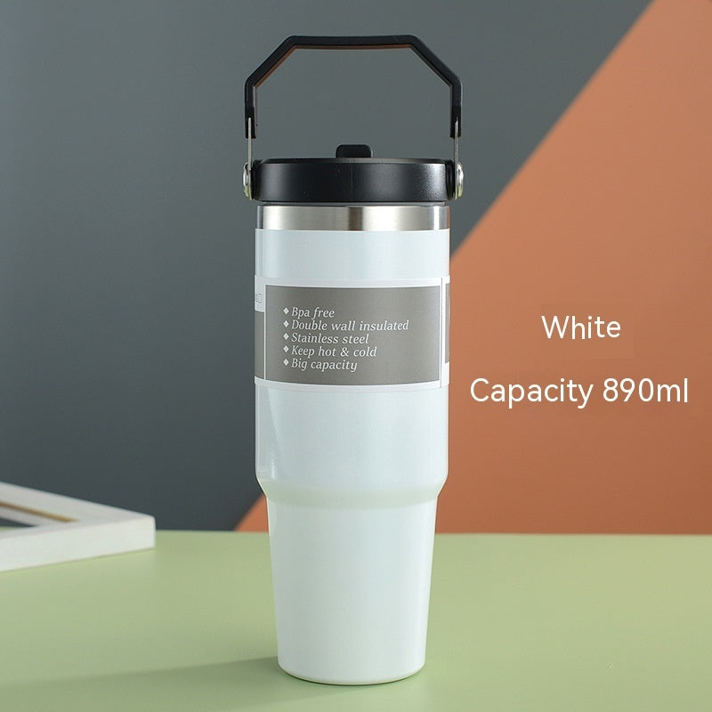 Portable Car Cup Stainless Steel Cup Travel Sports Water Bottle With Handle Cover Coffee Tumbler Cup - Nyaabs