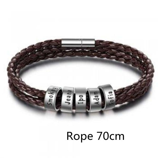 Personalized Mens Braided Genuine Leather Bracelet Stainless Steel Custom Beads Name Charm Bracelet For Men With Family Names - Nyaabs