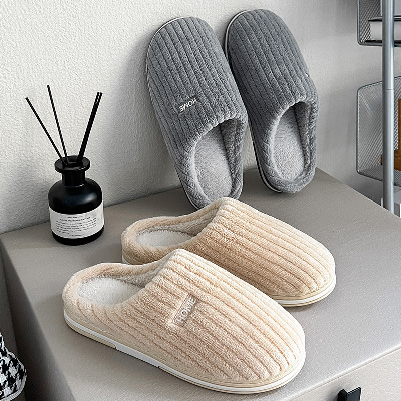 Solid Color Simple Cotton Slippers Winter Non-slip Home Warm Plush Slippers Household Indoor Couple Women's House Shoes - Nyaabs