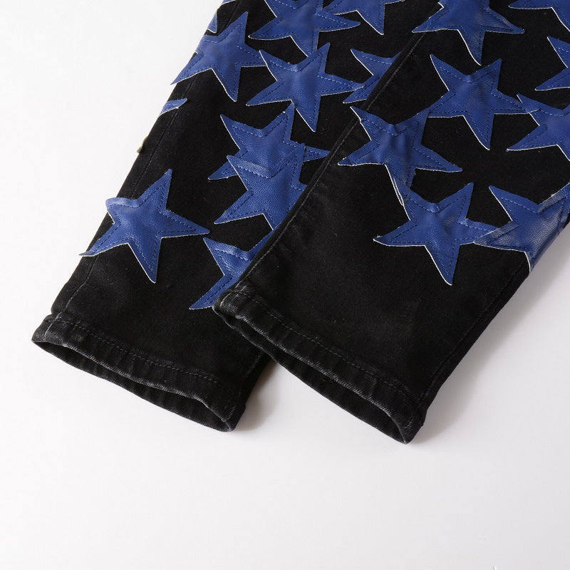 High Street Leather Dark Blue Star Trendy High Craft Stretch Slim Jeans - Nyaabs