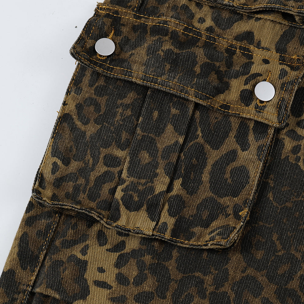 Men's Punk Distressed Pleated Leopard Jeans - Nyaabs