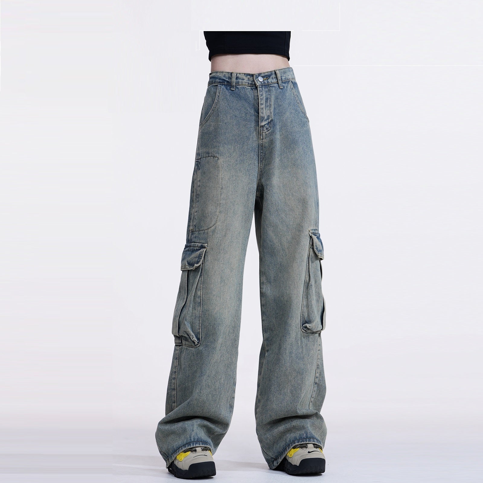 Retro Washed Wide Leg Multi-pocket Loose Straight Jeans - Nyaabs