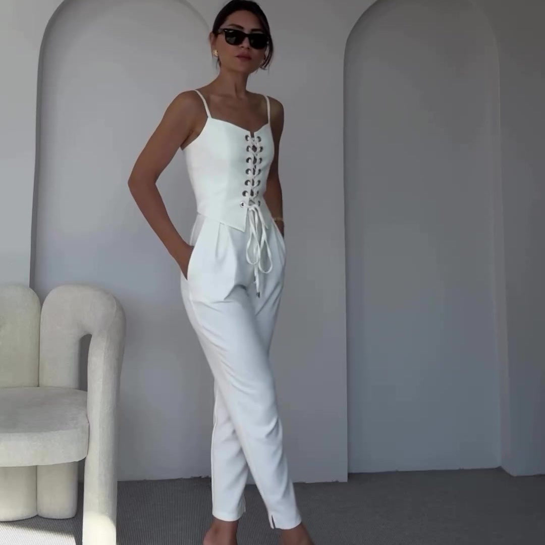 Sexy Hollow Out Strap Top Casual Wide Leg Pants Suit nyaabs.com