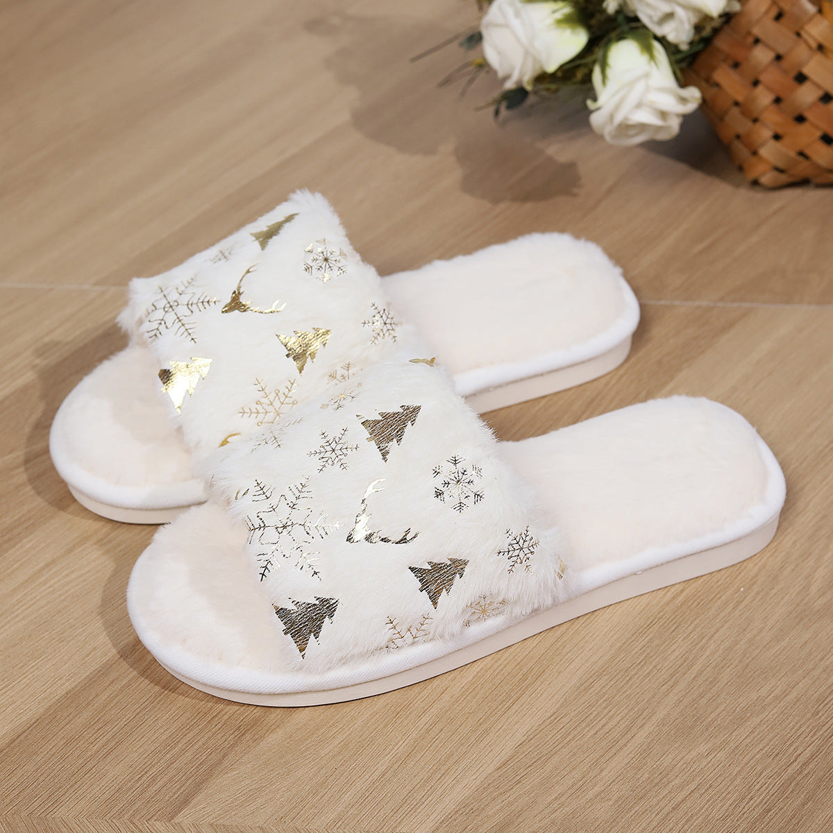 Christmas Plush Slippers Fashion Open-toed Home Slipper Indoor Warm Non-slip Floor Bedroom House Shoes For Couples Women Men - Nyaabs