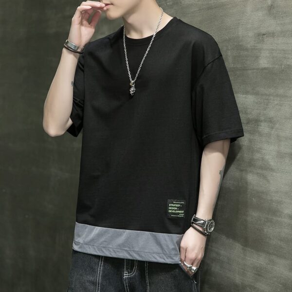 Youth Bottoming Shirt Stitching Round Neck Half Sleeve Cotton T-Shirt - Image 3