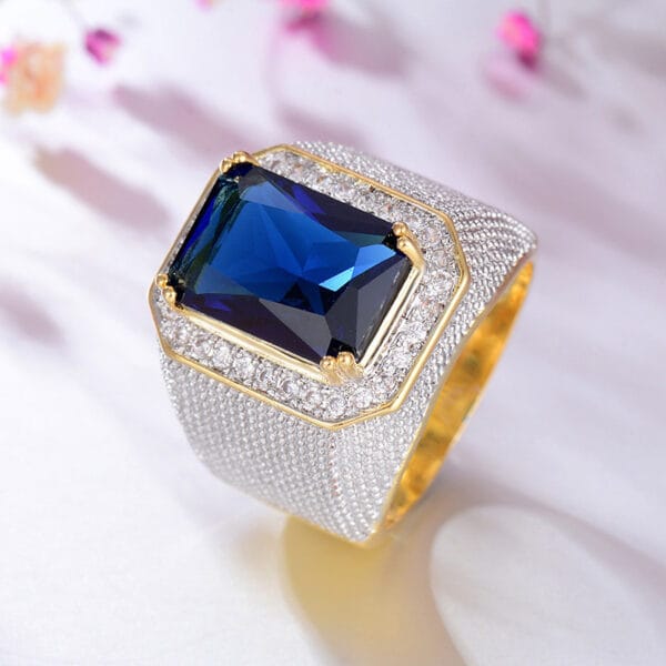 Diamond Square Sapphire Men's Ring - Image 3
