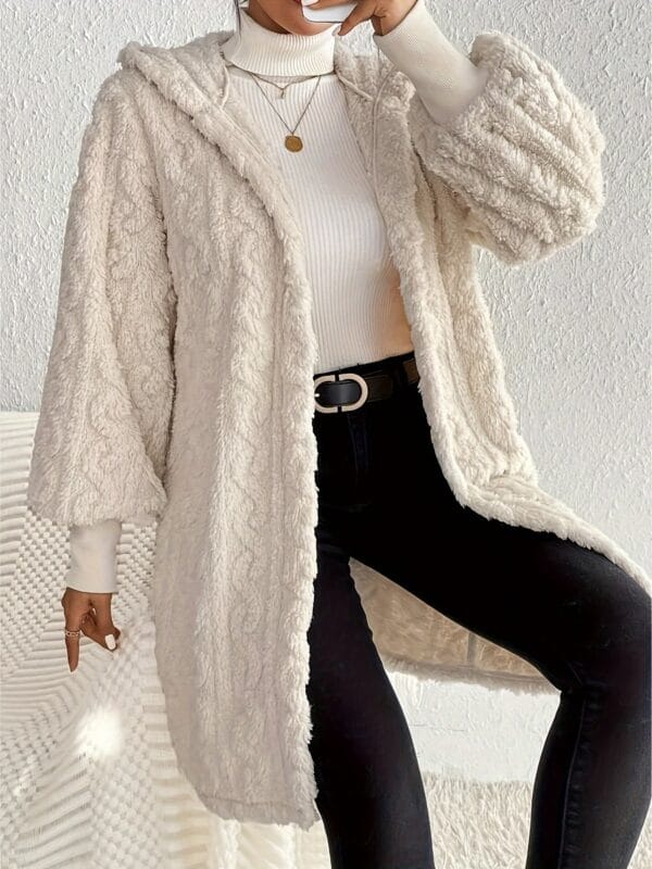 Hooded Double-sided Plush Cuff Thread Long Coat - Image 3