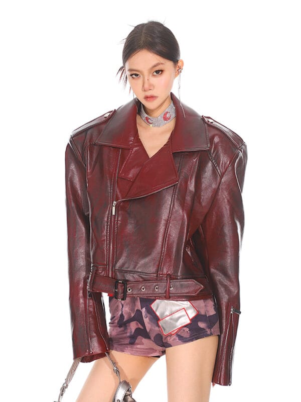 Stand Collar Jacket Motorcycle Leather Coat Women - Image 3