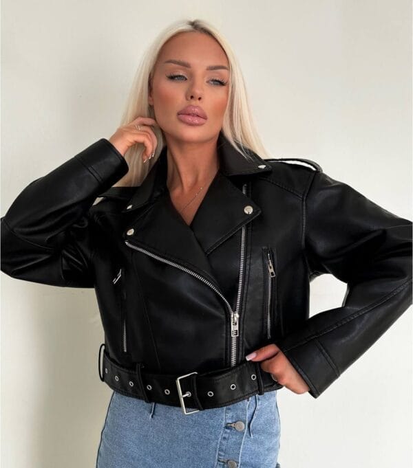 Fashionable Washed Faux Leather Motorcycle PU Zipper Jacket - Image 2