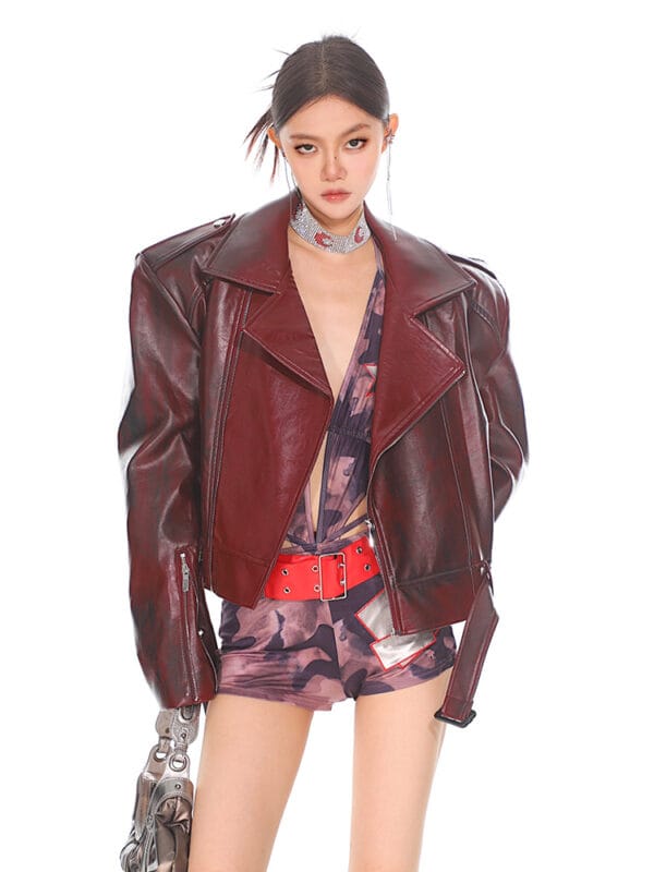 Stand Collar Jacket Motorcycle Leather Coat Women - Image 6